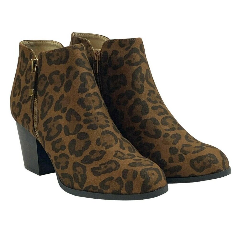 Style and Co Women's 5 Brown Animal Leopard Print Faux Suede Block Heel Booties